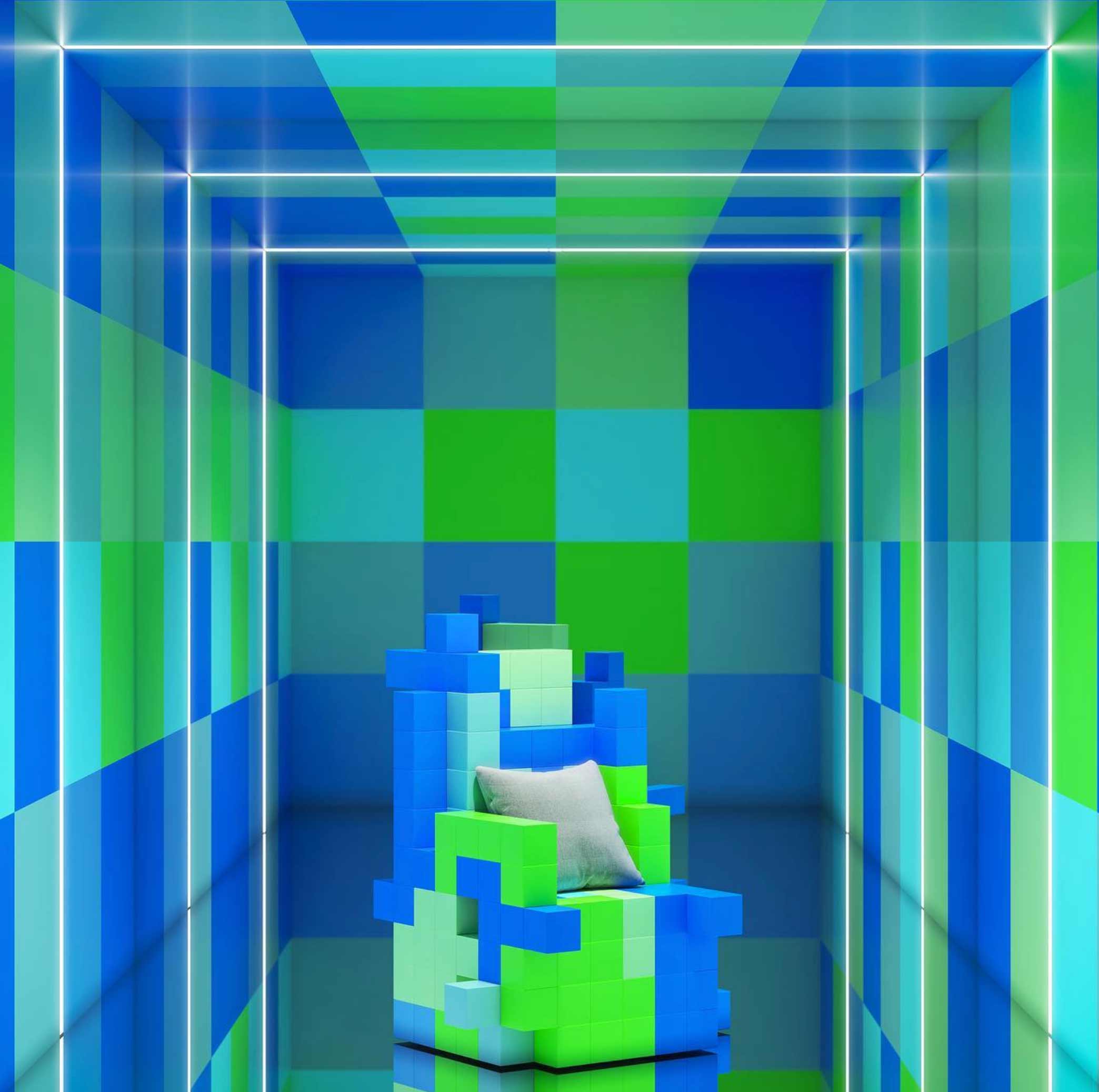 Blue-and-green-neon-geometric-pattern-for-Paris-Design-Week-chair-made-from-pixels