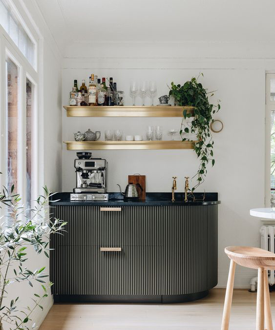 Coffee-and-tea-bar-at-home-deep-green-cabinetry-with-brass-features