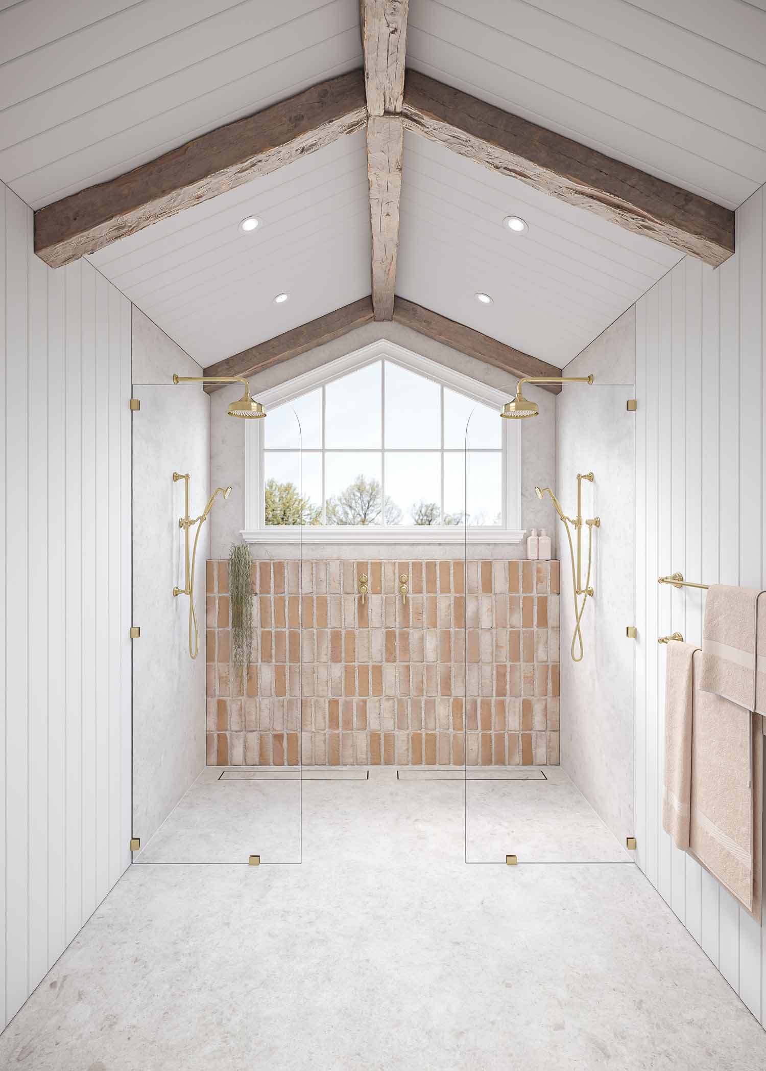 Country-interior-bathroom-with-wooden-beams-and-exposed-brick