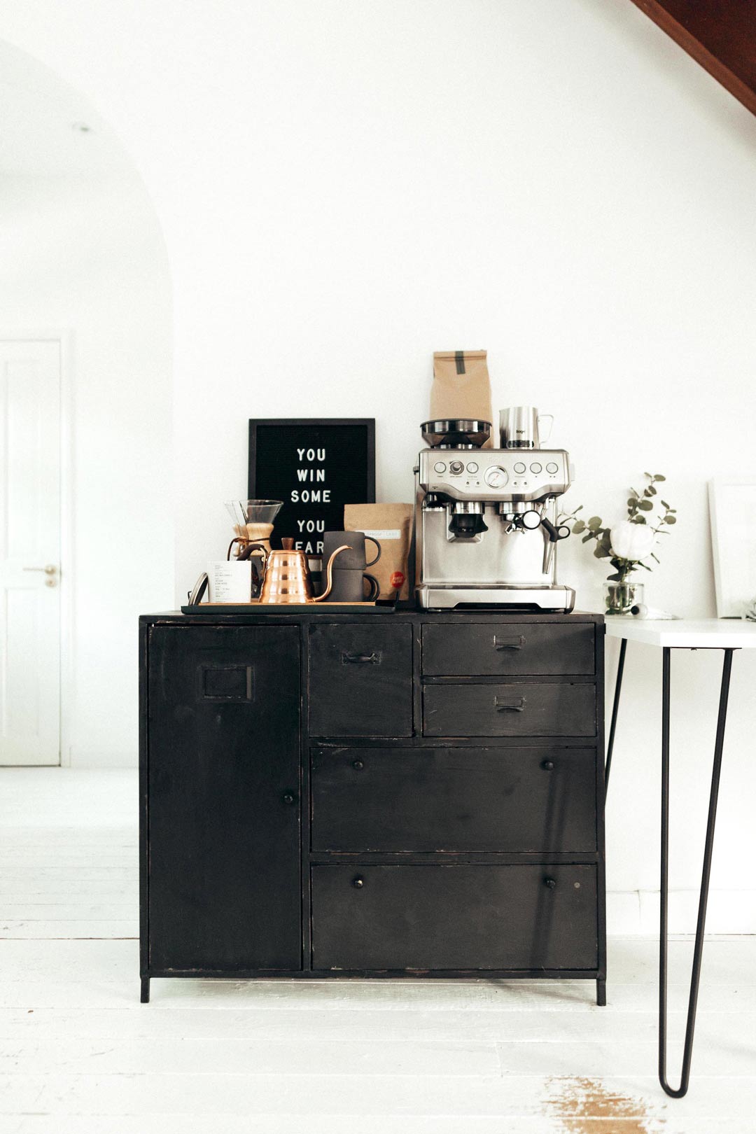 Home-coffee-bar-ideas-for-small-spaces-black-industrial-look-coffee-bar-station-cabinet-with-home-coffee-bar-menu