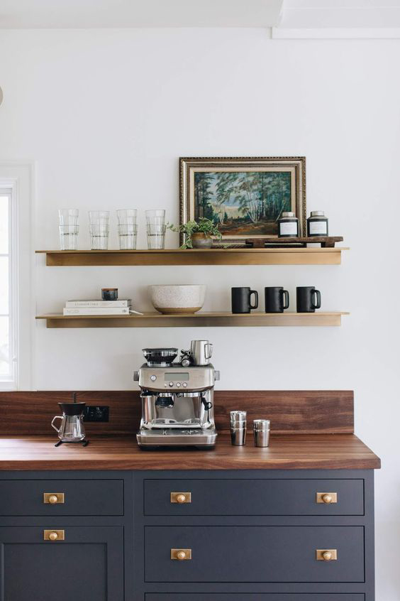 How-to-make-a-coffee-bar-station-ideas-stainless-steel-coffee-machine-with-navy-blue-cabinetry-brass-handle-pulls-and-timber-benchtop-and-open-shelves