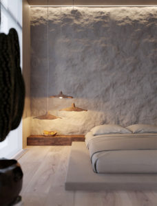 Simple wabi sabi bedroom with soft pendant lights