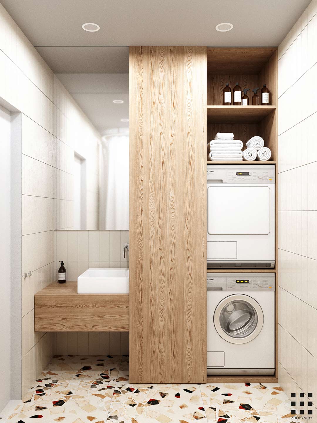 Small-laundry-Ideas-a-bathroom-combined-with-laundry-with-warm-timber-sliding-door-to-conceal-the-washing-machine-and-terrazo-floor