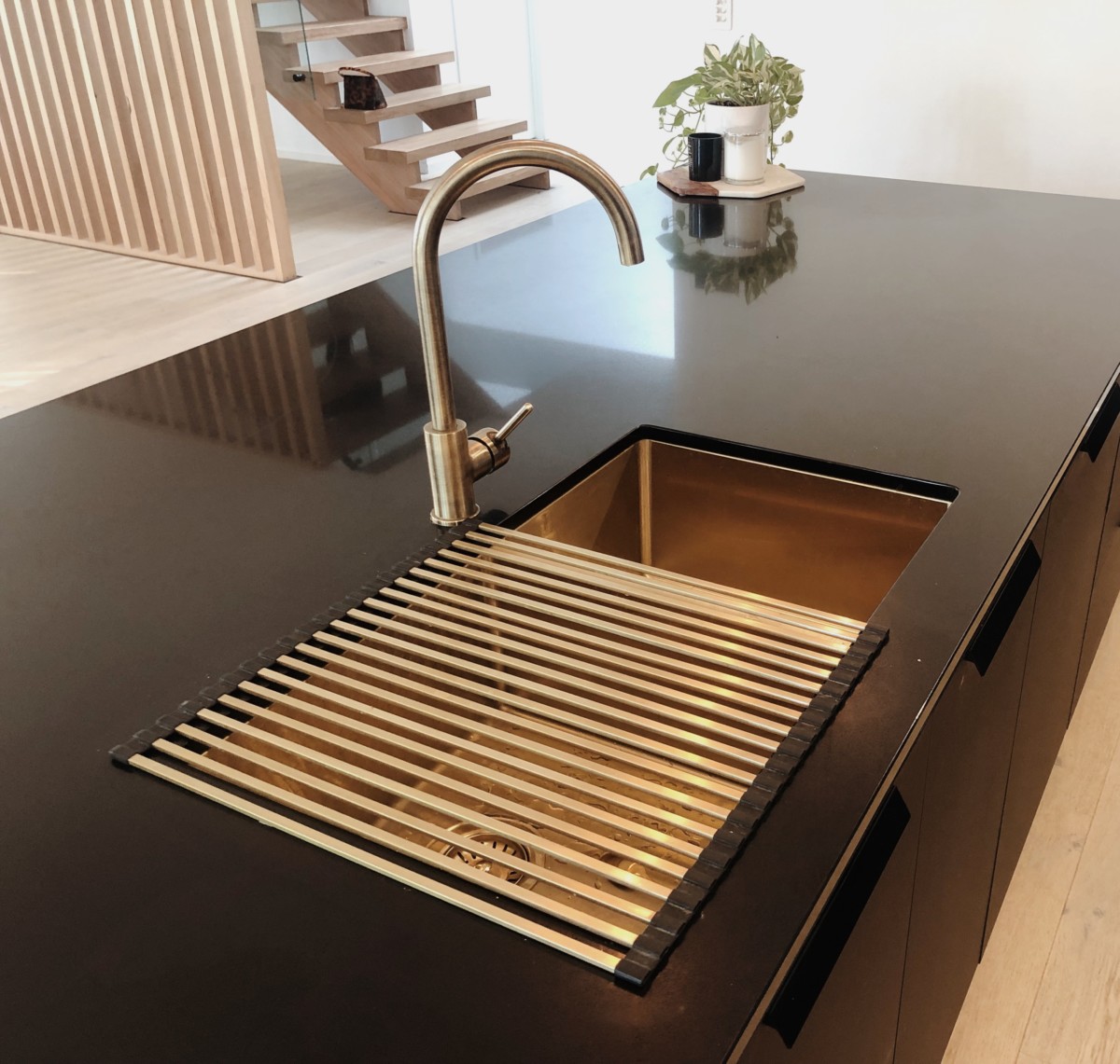 Vita Kitchen Sink Double with Overflow and Rack - Brushed Brass | (NZ