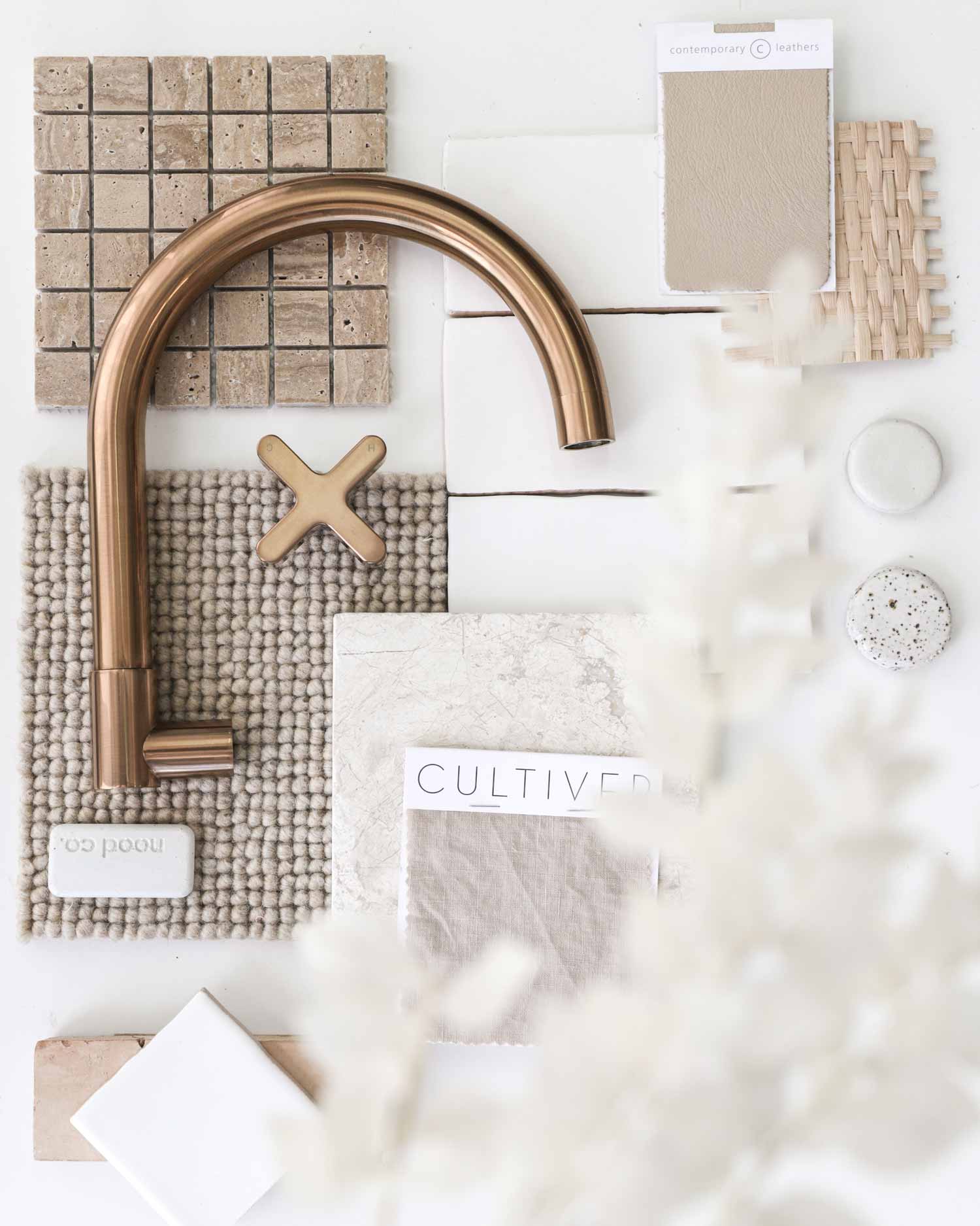 Warm-neutral-tone-flatlay-with-copper-tapware
